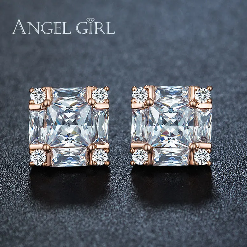 Модное платье принцессы CZ Стад серьги женский подарок фианит квадрат розовое