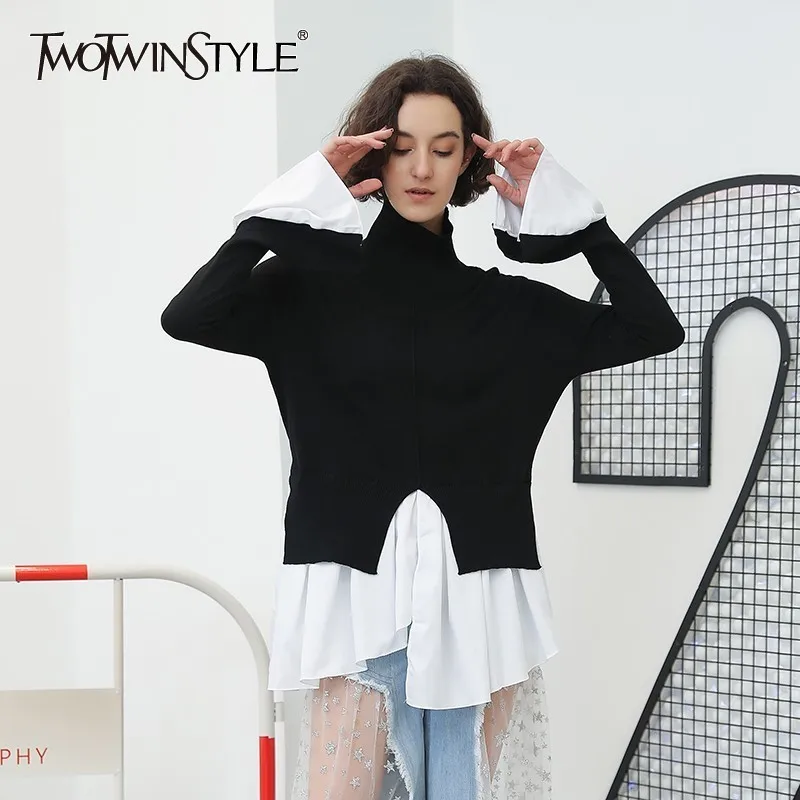 TWOTWINSTYLE Turtleneck Sweater Female Flare Sleeve Irregular Ruffles Patchwork Draped Knitted Pullover Women Autumn Clothing | Женская