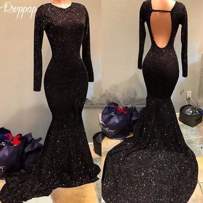 

Long Prom Dresses 2022 Sexy Long Sleeve Backless Glitter Women African Black Mermaid Elegant Party Prom Dress