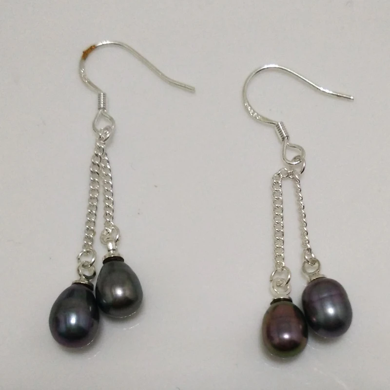 

7-8mm Double Black Natural Drop Pearl Earring with Sterling Silver Hook