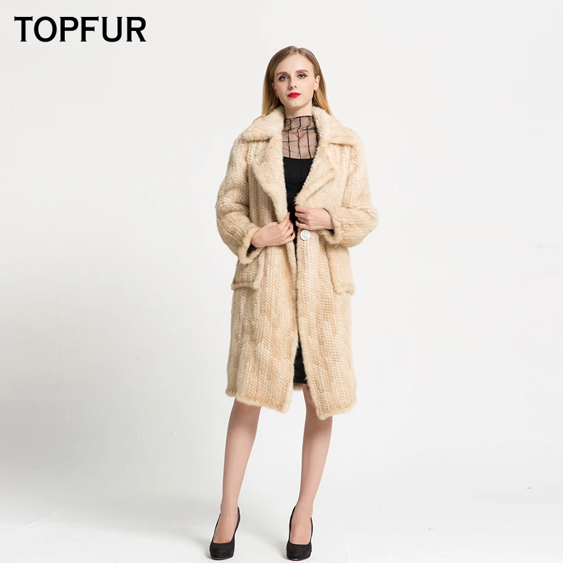 TOPFUR 2019 новые модные зимние женские длинные тканые пальто с воротником лацканами