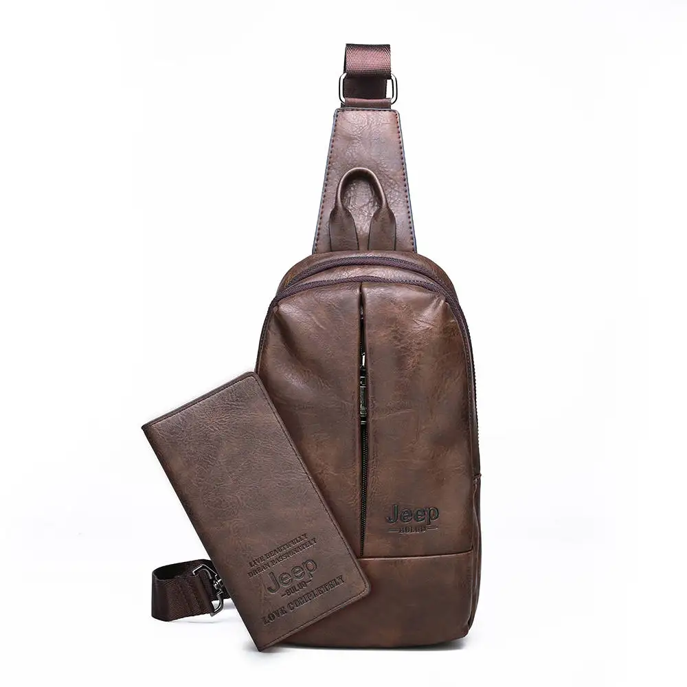 Set-Brown Мужская нагрудная повседневная сумка jeep buluo, оранжевая слинг-сумка для учебы, кожаная сумка, однолямочная заплечная сумка для студентов, все сезоны - Цвет: Set-Brown