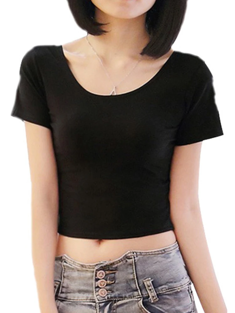 Одноцветный короткий рукав укороченный топ футболки сексуальный пупок Клубная