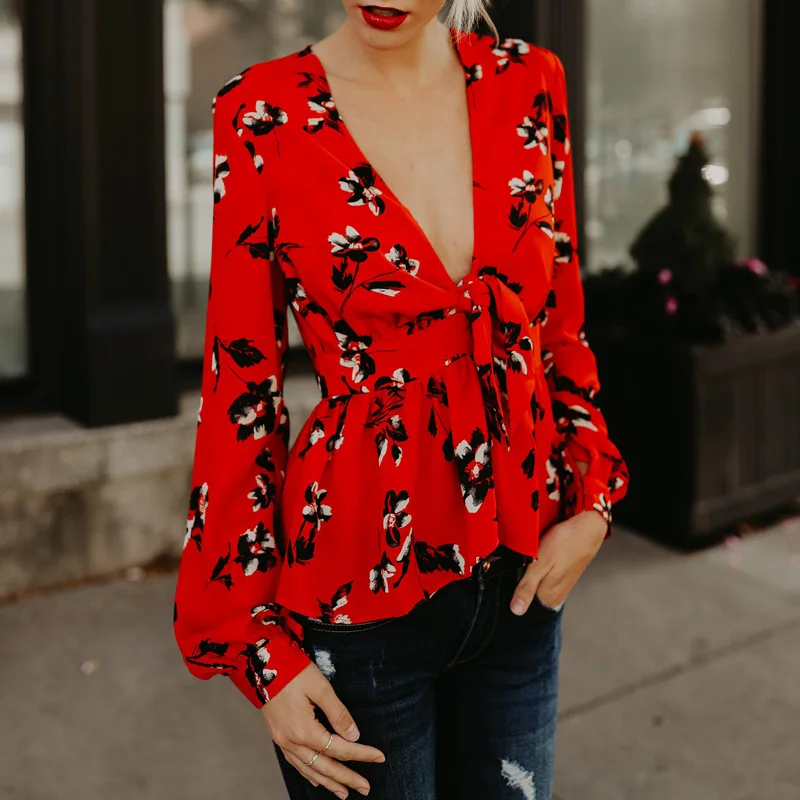 Глубокий v-образным вырезом завязками с длинными рукавами свободные дамы 2018