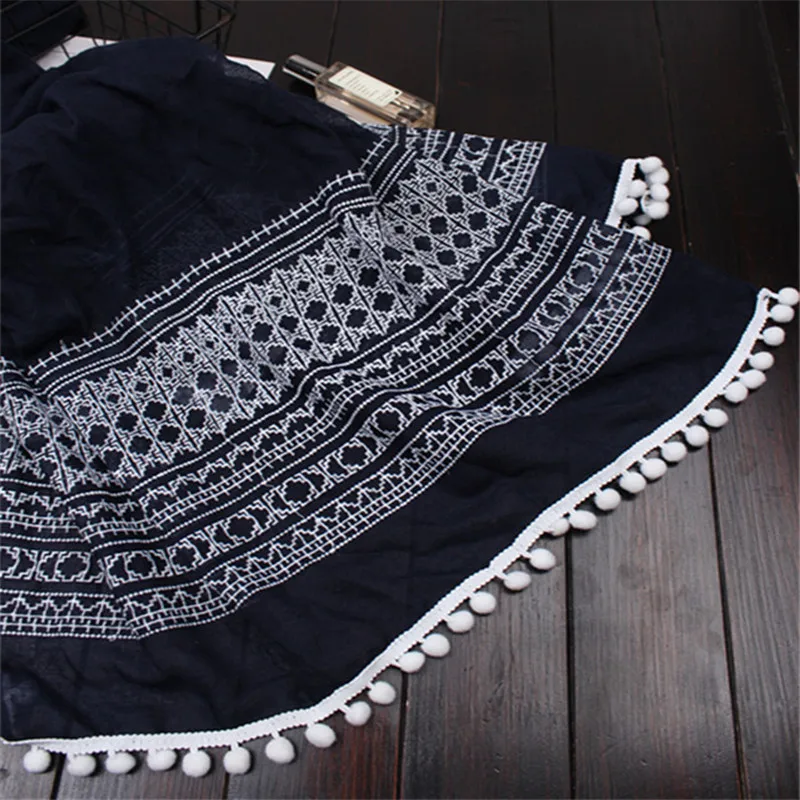 

new pom pom scarf white ball vintage print plaid scarves shawls fashion women hijab muffler fashion muslim wrap hot sale