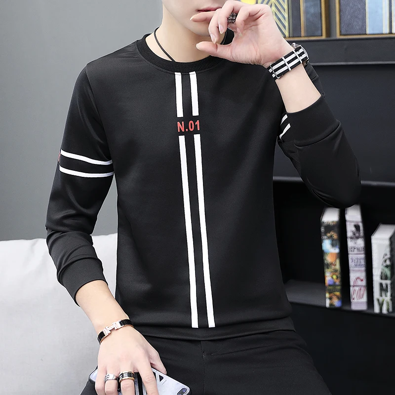 Мужская футболка свитер с длинными рукавами модная Корейская версия круглым