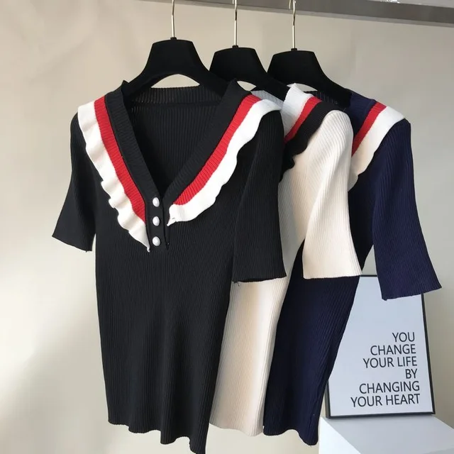 Amolapha Women V neck Button Knitted Short Sleeve Sweater Pullovers Ruffles Knit Jumper Tops Tees | Женская одежда