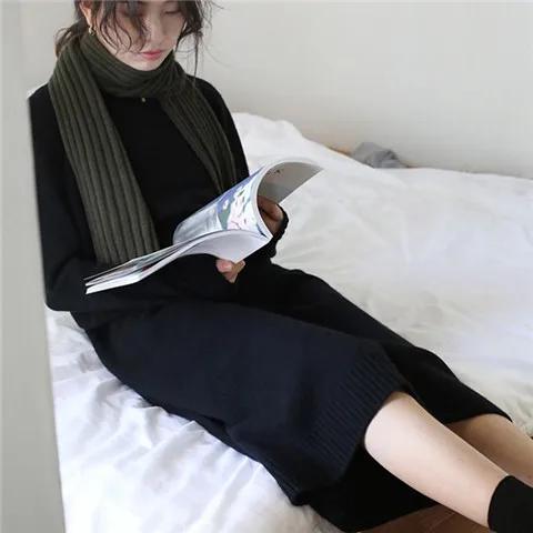 black 100%cashmere thick knit women brief low Oneck loose long dress sweater solid color S-L - Цвет: black