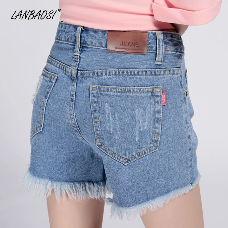 Летние женские рваные джинсовые шорты LANBAOSI с бахромой синие высокой талией