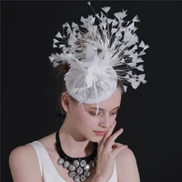 new fashion white sinamay wedding hats hair fascinators party chapeau fancy feathers beautiful fedora headbands headwear race