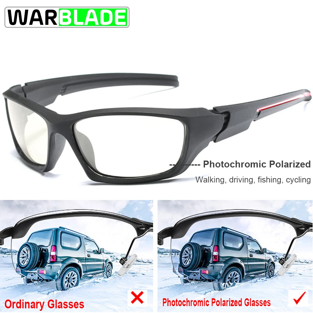 

WarBlade Photochromic Polarized Sunglasses Men Cycling Chameleon Discoloration Sun Glasses Bike Square Driving Gafas Ciclismo