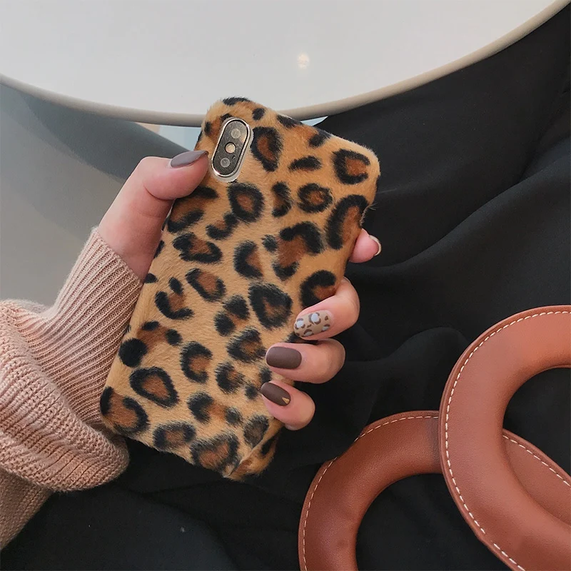 Модный плюшевый чехол с леопардовым принтом для iphone X XR XS Max зимний мягкий теплый 7
