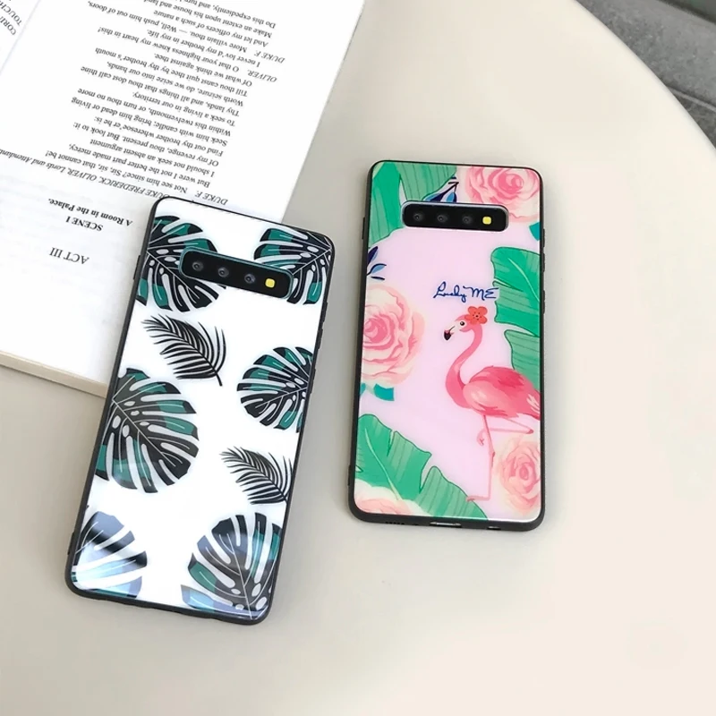 YHBBCASES Cartoon Tempered Glass Cases For Samsung Galaxy S10 S8 S9 Plus Banana Leaf Flamingo Phone Cover Note 8 9 | Мобильные