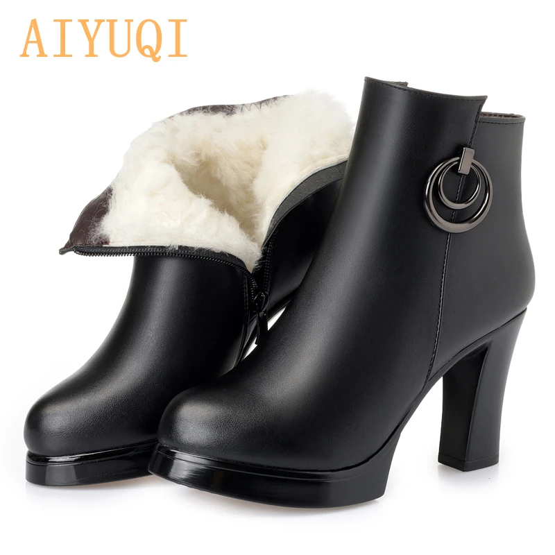 

Ankle Boots Women Boots Winter Fashion Wool Female Snow Boots High Heel 2022 Genuine Leather Round Toe Black Gray High (5cm-8cm)