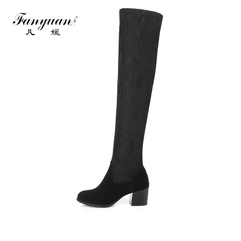 

Fanyuan Sweet Ladies Stretch Fabric Slim Leg High Boots Fashion Over the Knee Boots Women pointed Toe Thick Heeled Long Boots
