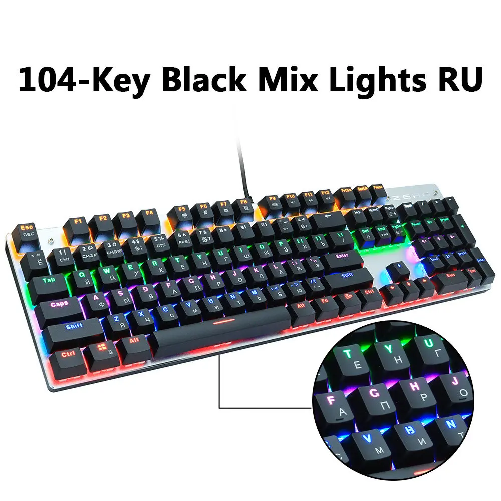 104Black MIX lightRU Игровая механическая клавиатура синий/красный светодиодный переключатель с подсветкой 87/104 клавиш Проводная игровая клавиатура с защитой от привидения Русский/Английский для геймеров - Цвет: 104Black MIX lightRU