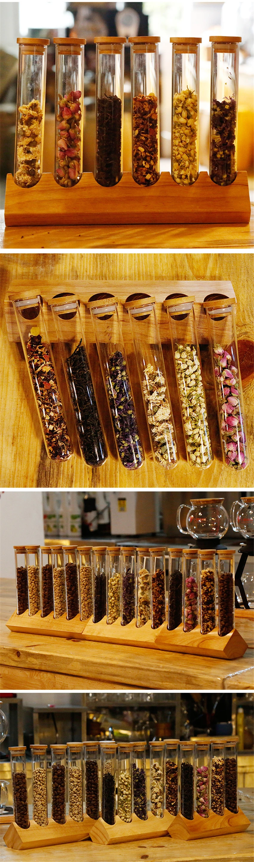 Creative Wooden Coffee Beans Flower Tea Display Rack Stand Cereals canister Glass Test Tube sealed Storage Decorative Ornaments