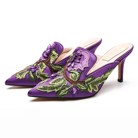 Purple Slippers Г. летние бархатные женские шлепанцы на высоком каблуке вышитая обувь с цветочным рисунком шлепанцы на высоком каблуке обувь на День святого Валентина женские сандалии - Цвет: Purple Slippers