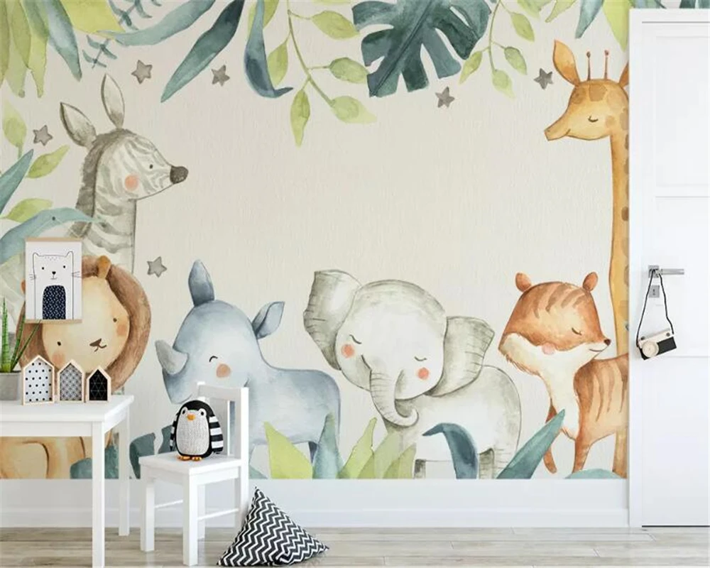 

beibehang Custom wallpaper modern cartoon animal tropical giraffe watercolor plant Children's room background wall 3d wallpaper
