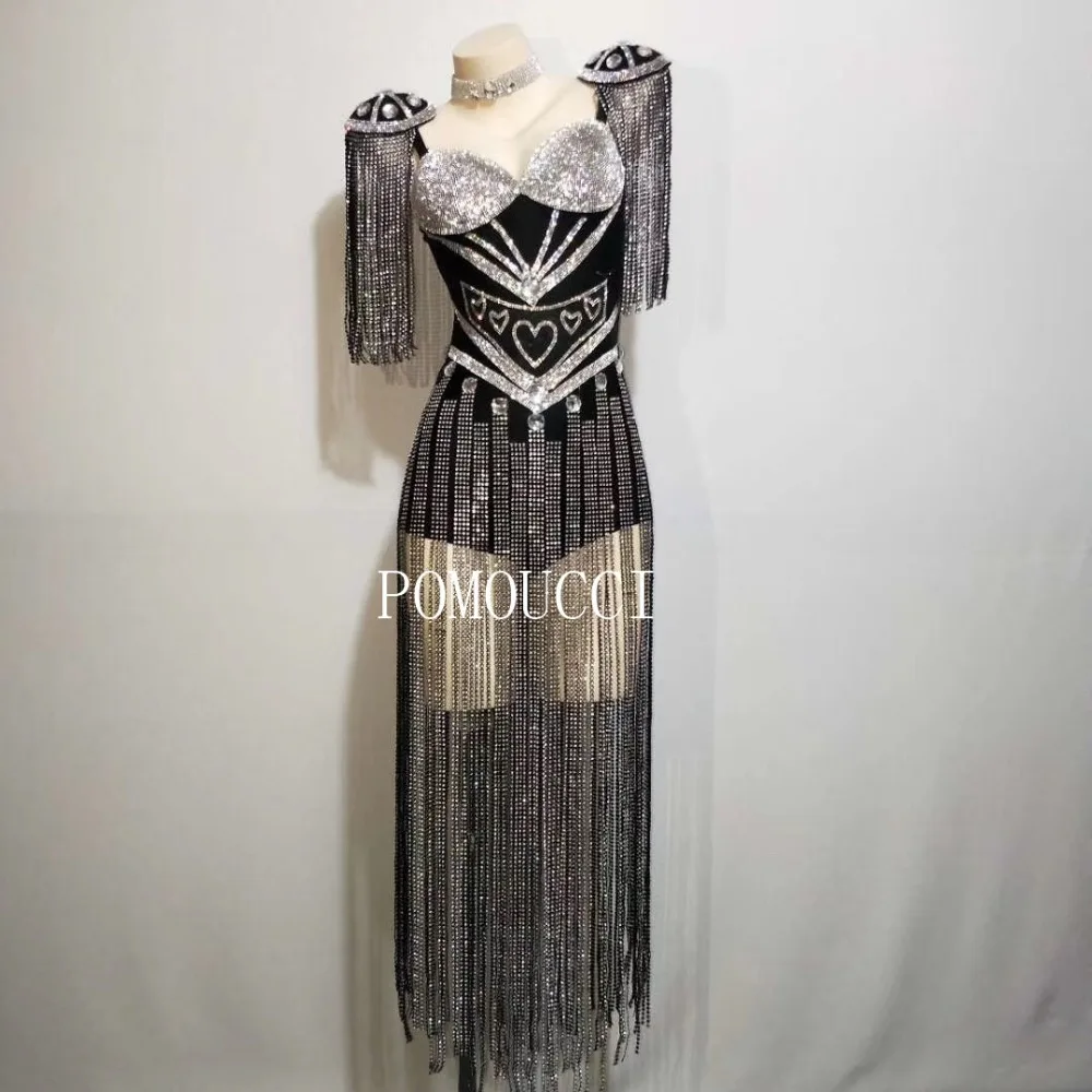 Women New Black White Crystals Epaulet Sexy Bodysuit Sparkly Tassel Outfit Women Celebrate Costume Stage Party Singer Dance Wear