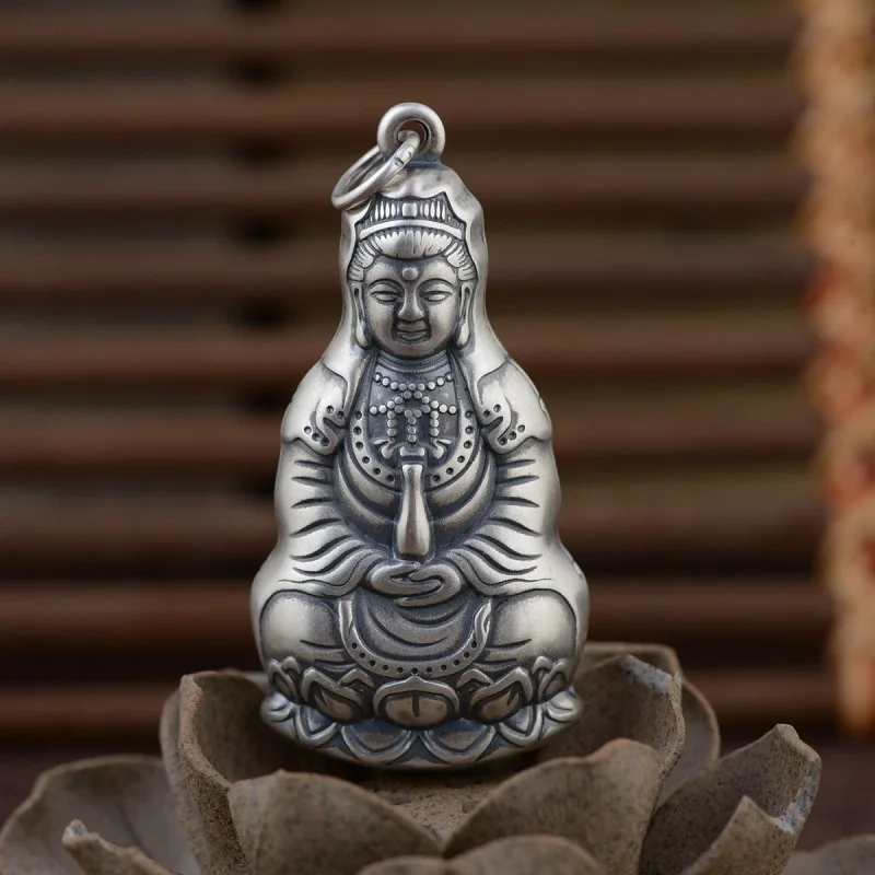Серебро 100% пробы тибетская подвеска буддийская Kuanyin Авалокитешвара амулет на