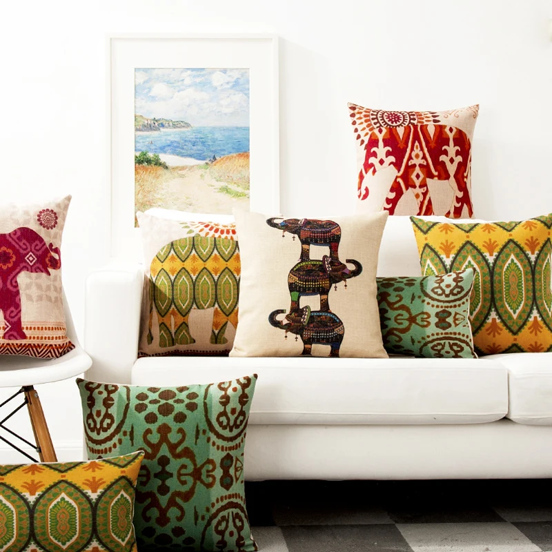 Animal Retro Neoclassical Elephant Pillow Cover Solid Red Yellow Geometric Cushion Home Decorative PillowCase |