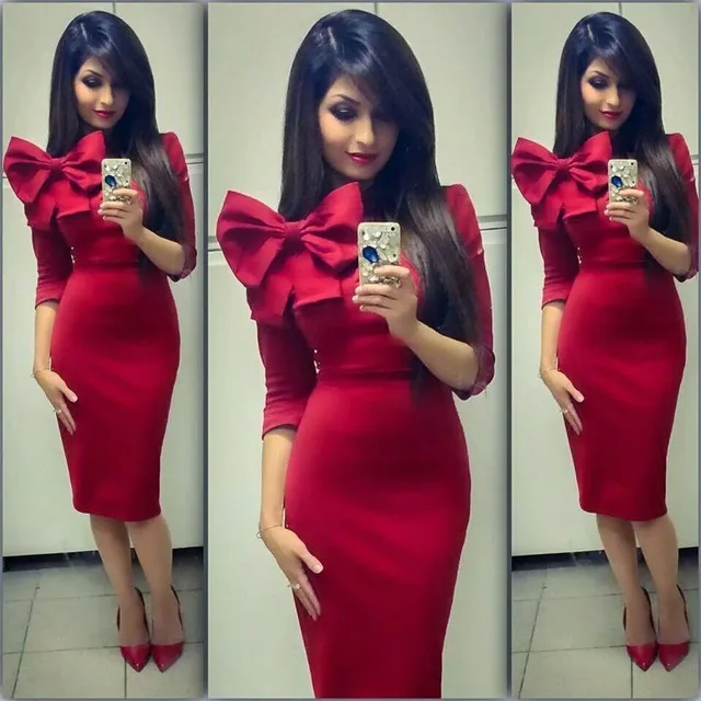 Abendkleider 2017 Red Satin Women Evening dress Custom Half Sleeve Vestido de festa curto Sexy | Свадьбы и торжества