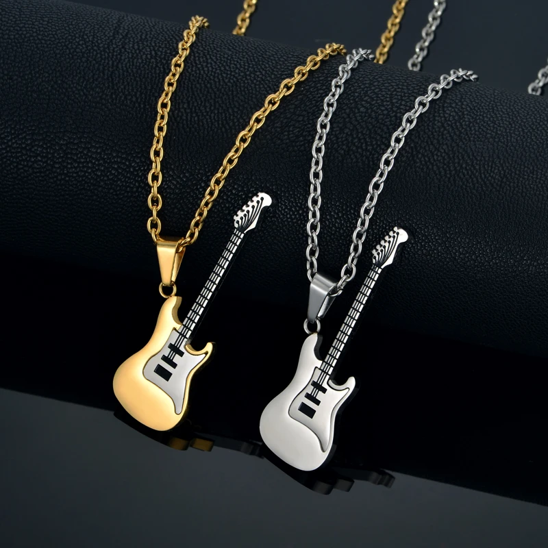 Купи Neck Chain Guitar Necklaces & Pendants For Women/Men Hip Hop Gold Color Stainless Steel Jewelry Women Rock Musical Necklaces за 341 рублей в магазине AliExpress