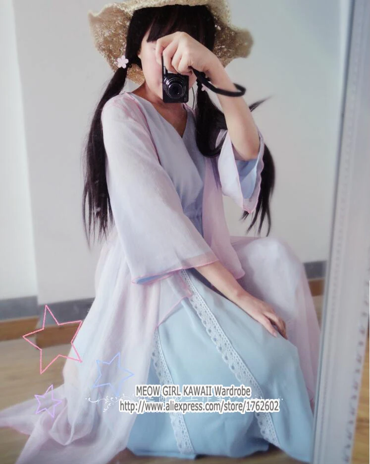 Винтажное кружевное платье в китайском стиле Hanfu Mori Girl летнее с коротким рукавом