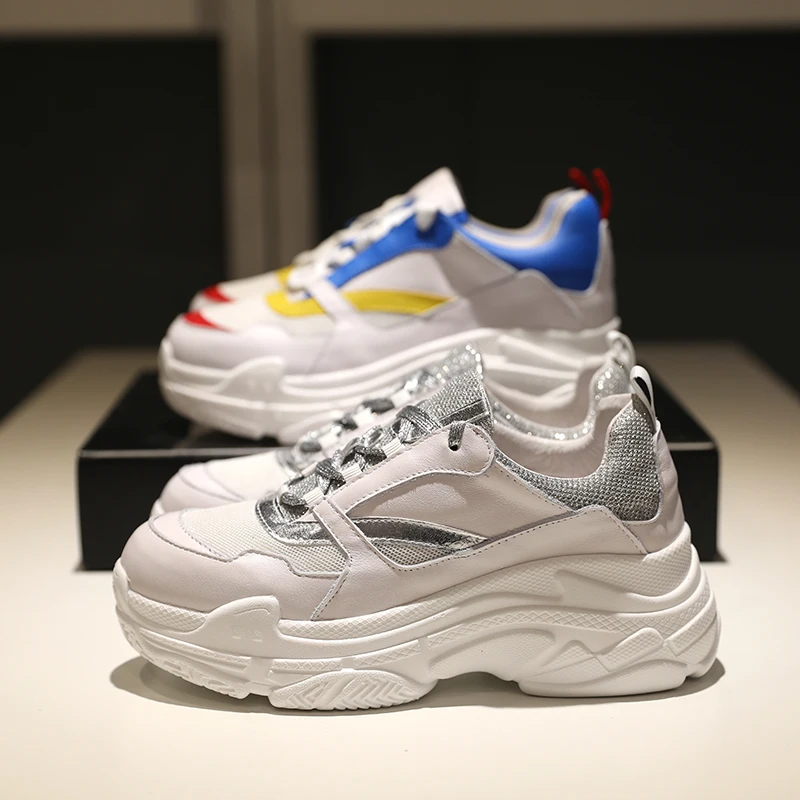 

2021 Spring Solid White Shoes Women Natural Cow Leather Light Weight Breathable High Heel Sneakers Lace Up Runing Sport Shoes