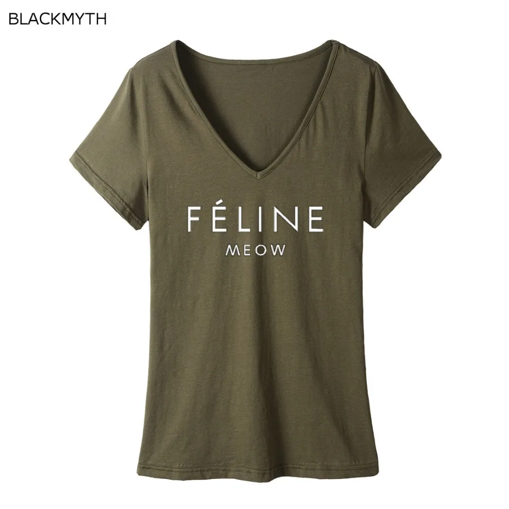 BLACKMYTH FELINE MEOW женская футболка хлопок v образный вырез топы большие размеры летние