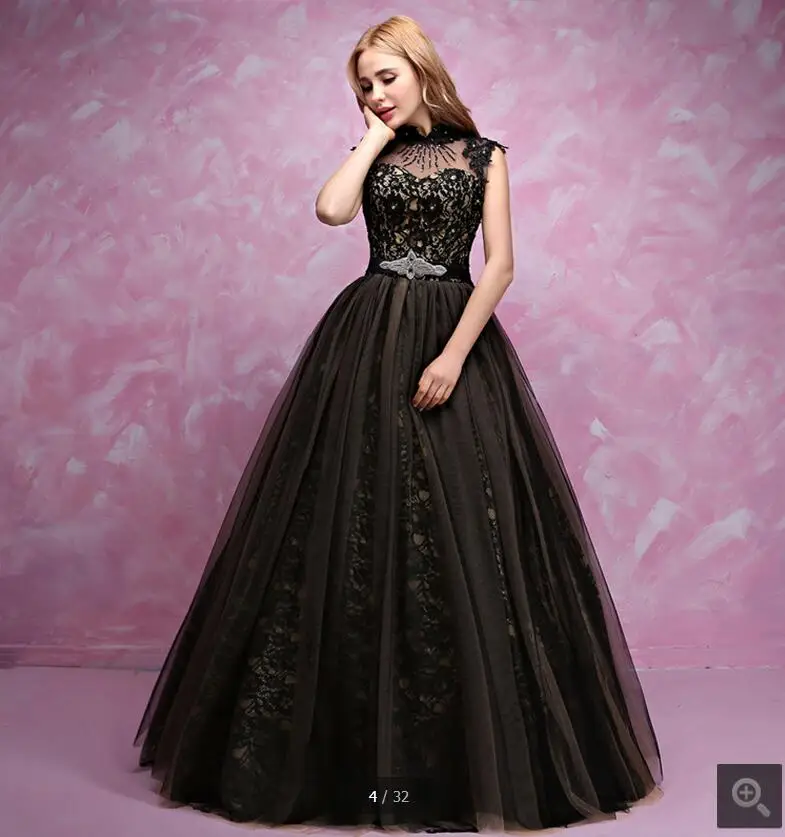 Новинка 2017 черное кружевное бальное платье с рукавом крылышком принцессы для