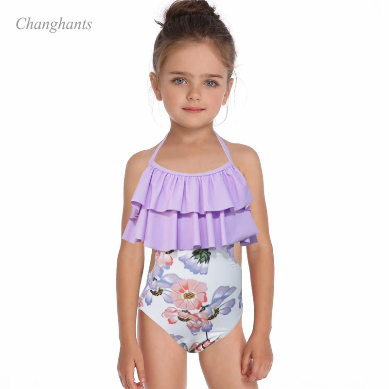 Girl one piece Swimsuit Blue and Purple with flowers print kid swimwear Children bathing suit child summer beach wear