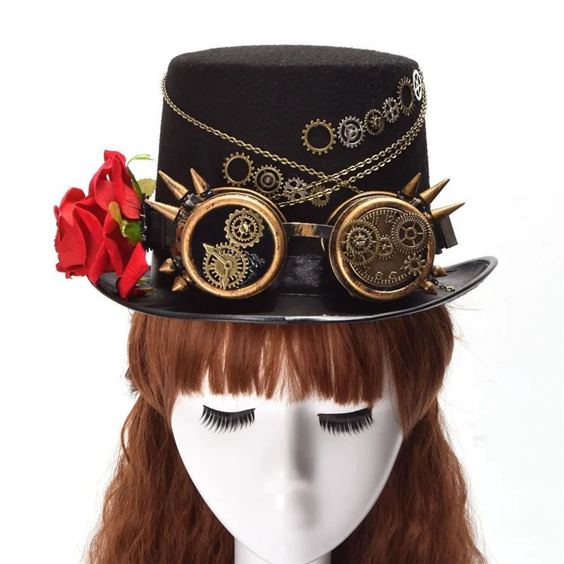 Новинка винтажный стиль стимпанк очки цветочный рисунок черный топ шляпа панк