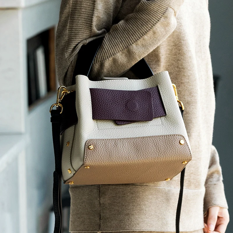 

WOONAM Women New Fashion Patchwork Top Grain Genuine Calf Leather Medium Tote Handbag WB664