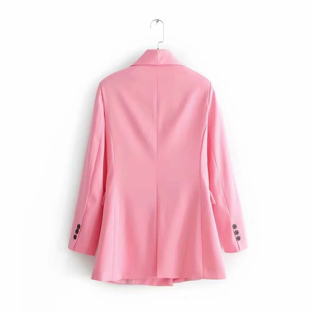 Pink Blazer 2020 Office Lady Suit Set Double Breasted Long Jacket High Waist Straight Pants | Женская одежда