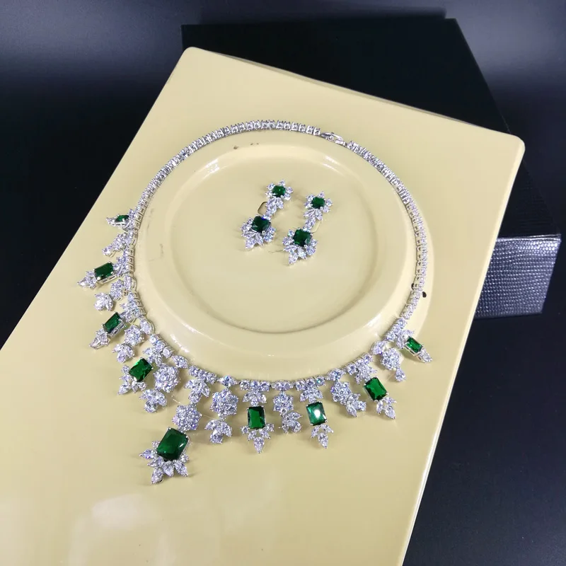 Новинка модное ретро зеленое квадратное циркониевое ожерелье серьги для свадьбы