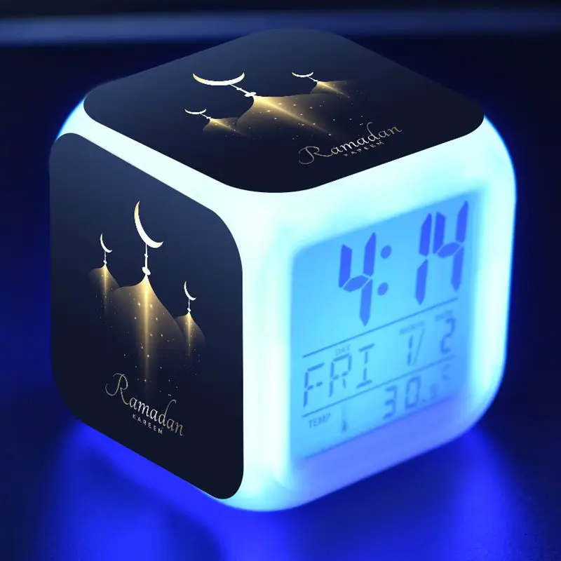 

Happy Ramadan Mubarak Islamic Party Model LED Desk Clock Alarm Colorful Light Eid Ramadan Mubarak Figure Toys