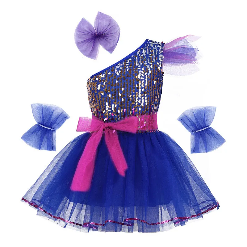 Платье YiZYiF для девочек с блестками, сетка, джаз, современная танцевальная одежда, блестящее платье на одно плечо, заколка для волос, браслет, ... от AliExpress WW