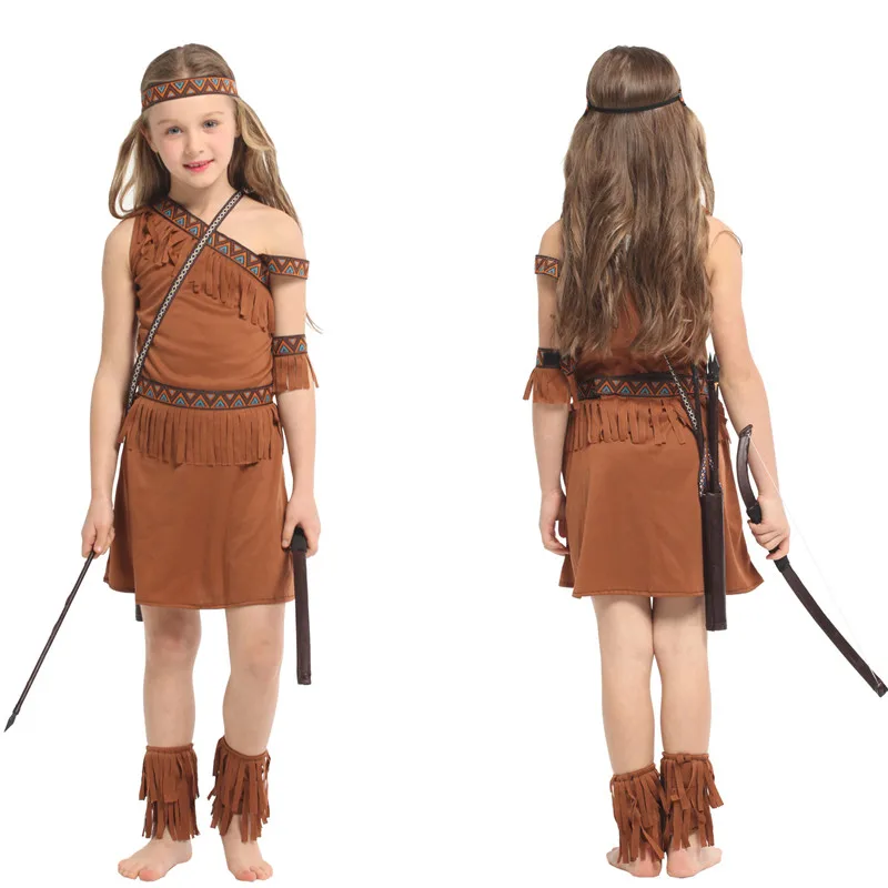 

M-XL Girls Halloween hunter costume Kids Children Primitive Indian Princess Cosplay Carnival Purim parade Stage play party dress