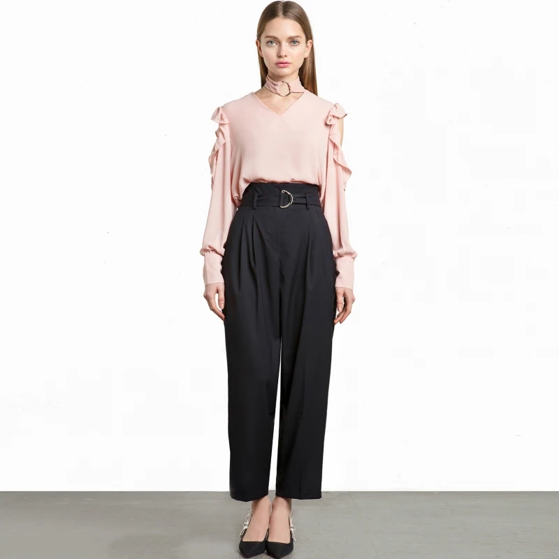 HDY Haoduoyi Для женщин Сладкий рюшами жабо Cold Shoulder Top Chocker круглым вырезом Шифоновая