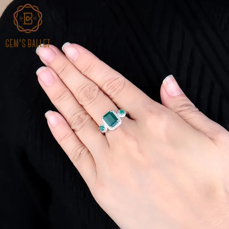 Gem's Ballet 2.28Ct натуральный зеленый агат, натуральный камень, кольца для женщин, 925 пробы Серебряное коктейльное обручальное кольцо, ювелирные украшения