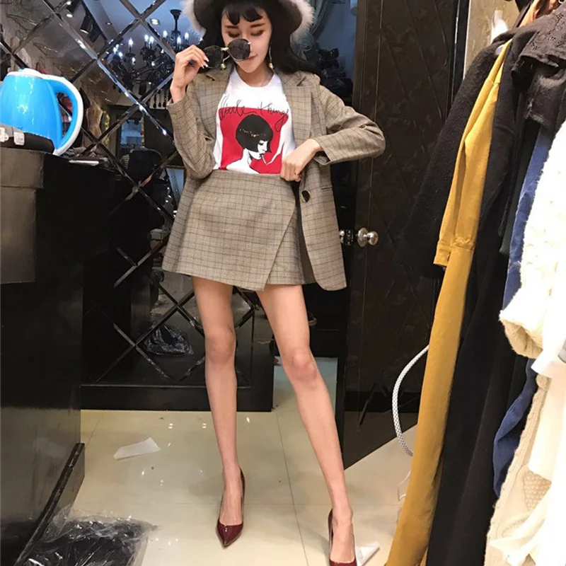 Khaki Винтажный клетчатый комплект из 2 предметов для женщин, костюмы с юбкой, блейзер на одной пуговице и мини-юбка с высокой талией, женские Рабочие деловые комплекты - Цвет: Khaki