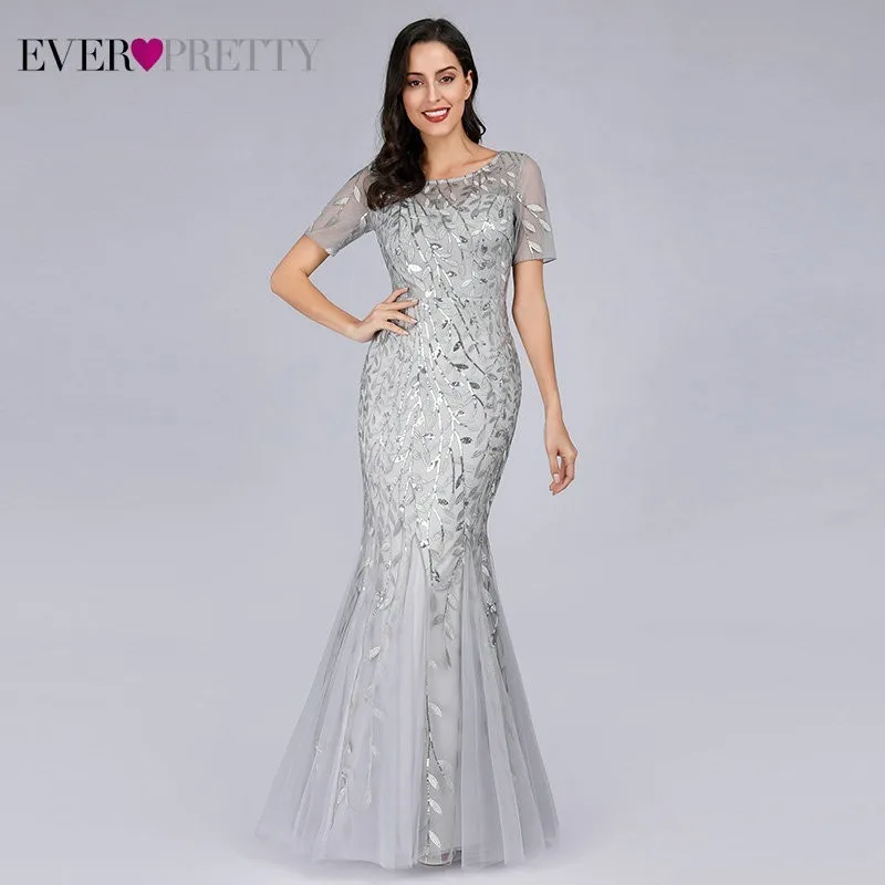 Sliver Формальные Вечерние платья Ever Pretty Новые Русалка o-образным вырезом с коротким рукавом Кружева Аппликации Тюль Длинные вечерние платья халат Soiree сексуальный - Цвет: Sliver
