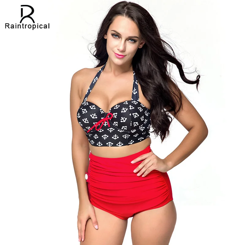 Raintropical плюс размер бикини для женщин Высокая талия Купальник винтажный Pin Up