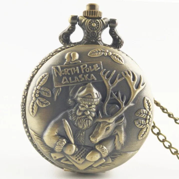 North Pole ALASKA Santa Claus and Reindeer Quartz Pocket Watch Analog Necklace Chain Mens Womens Christmas Gift watches