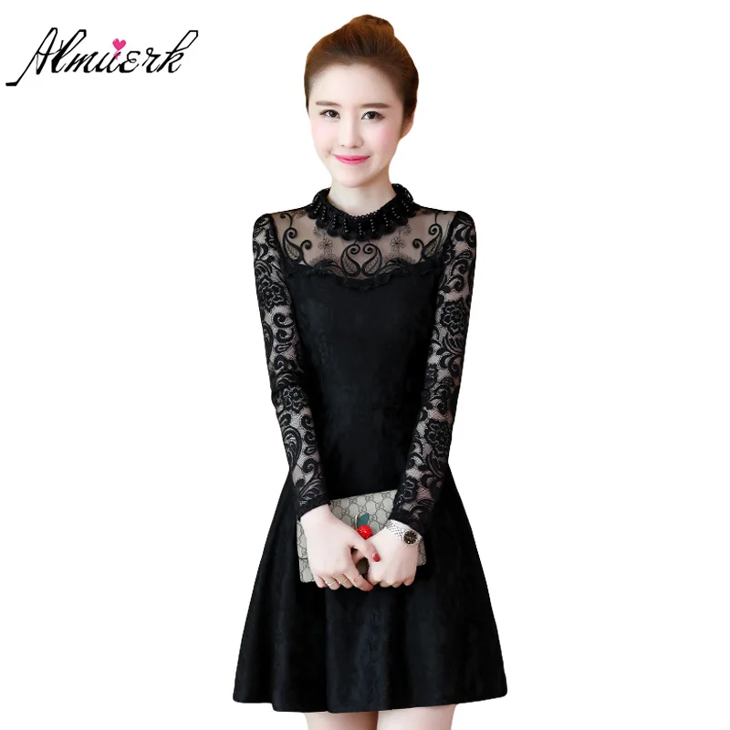 

2018 autumn winter women long-sleeved backing dress Half-high collar Lace sexy mini dress female Temperament slim dress yz487