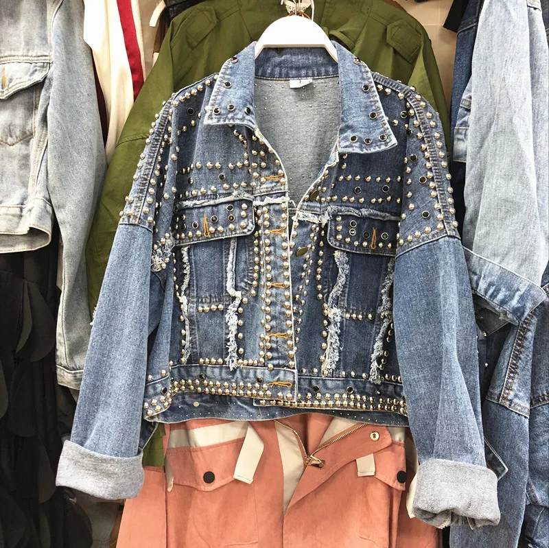 

2020 Spring Autumn Denim Clothes New Women's Loose Hand-studded Rivets Drill Rhinestone Denim Jacket Short Oversize Coats