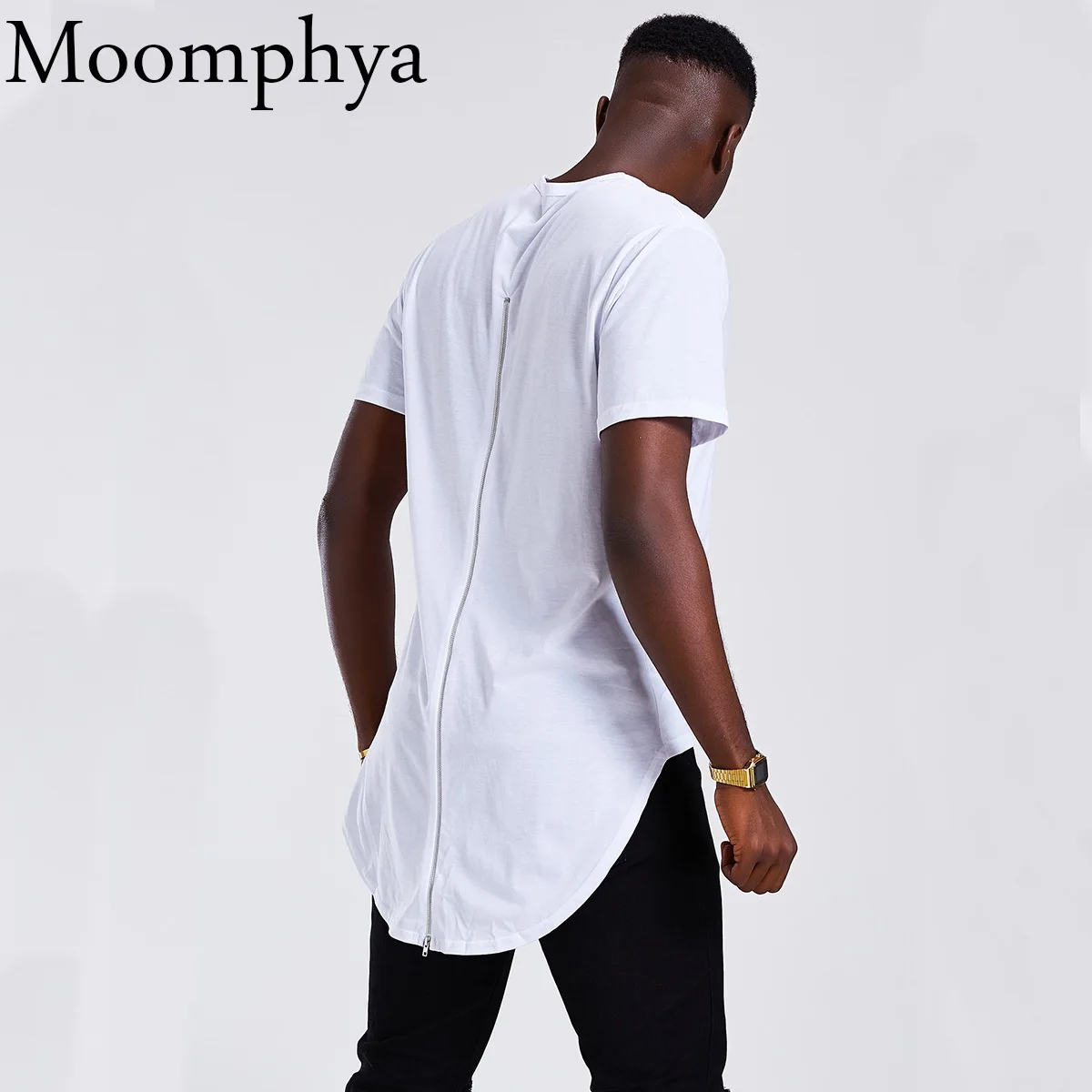 Moomphya/удлиненный подол кривой Мужская футболка полный назад молния уличной хип