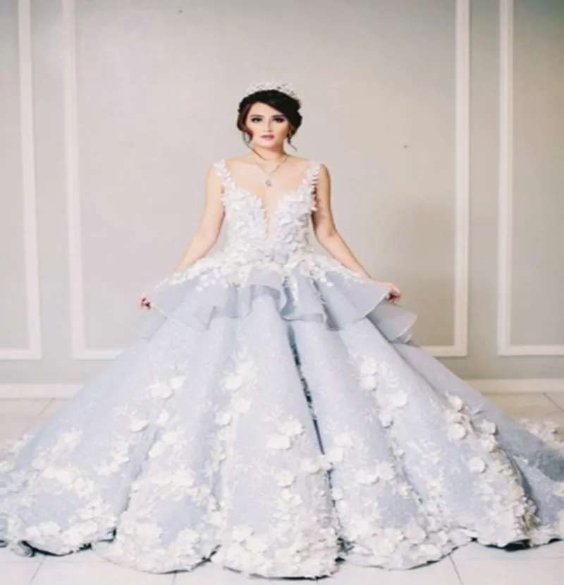Урожай Голубой Свадебное Платье 2017 Scoop Шеи Танк Цветы Кружева Vestido Де Noiva На Заказ